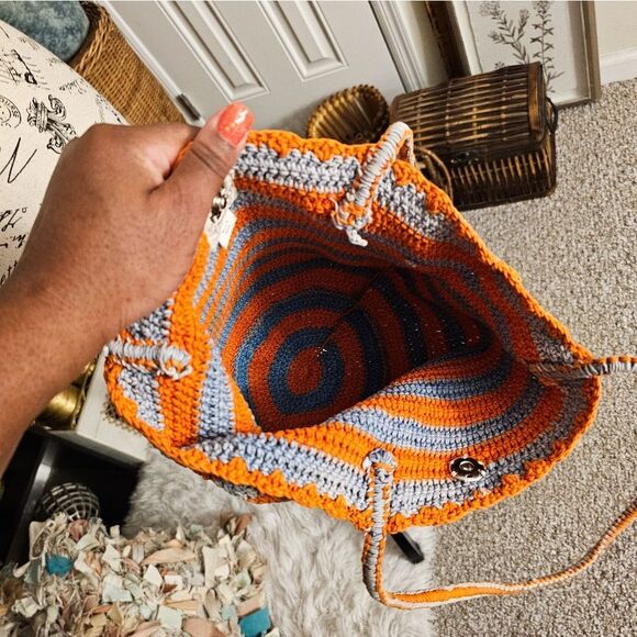 Orange & Grey Crochet Tote Bag by Kat. Man.Doo – Made in Nepal – Cotton – Small - Picture 2 of 14